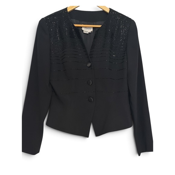 Rimini Jackets & Blazers - VTG Rimini Black Beaded Evening Jacket Womens 8 V-Neck Satin Button Blazer